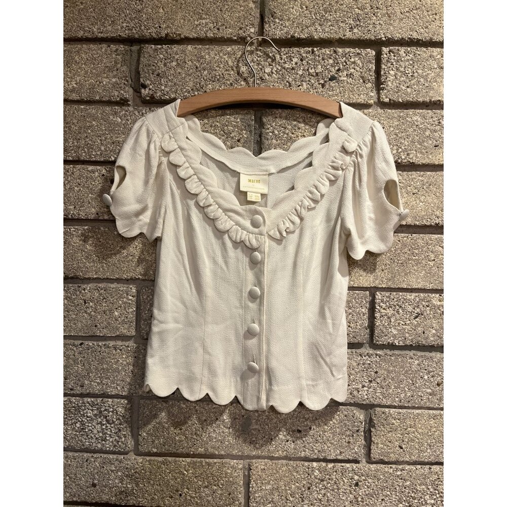 Maeve By Anthropologie White Textured Button-Up Scalloped Top With Ruffle Detail